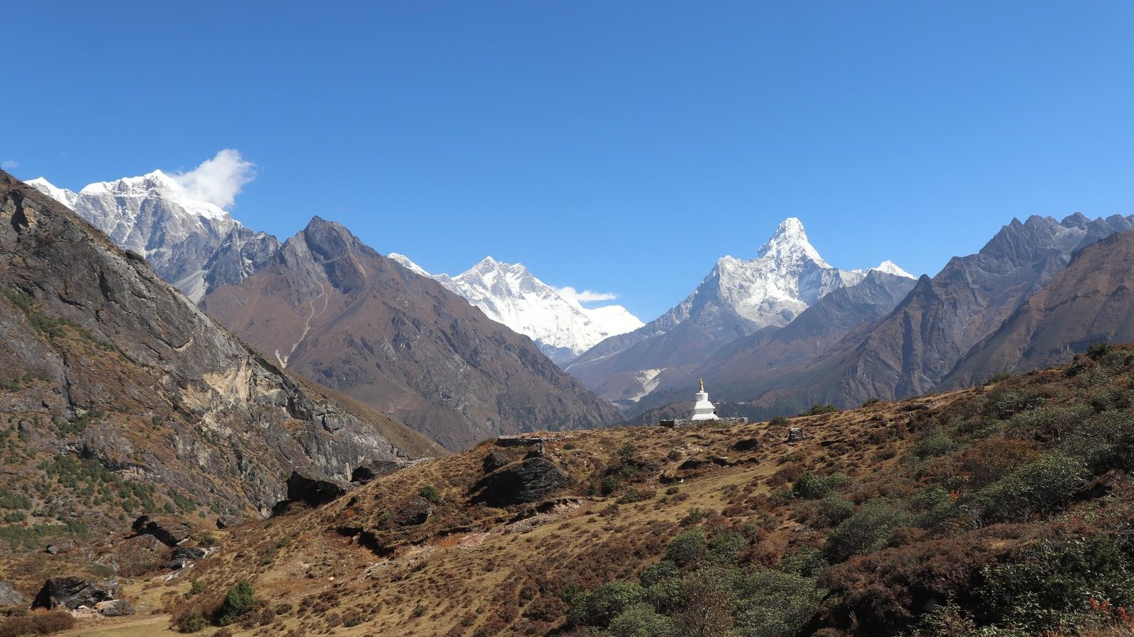 anoramic view of Ama Dablam and snowcapped Himalayan peaks from Everest View Point, with a white stupa nestled in the rugged alpine landscape along the Everest Base Camp trail.