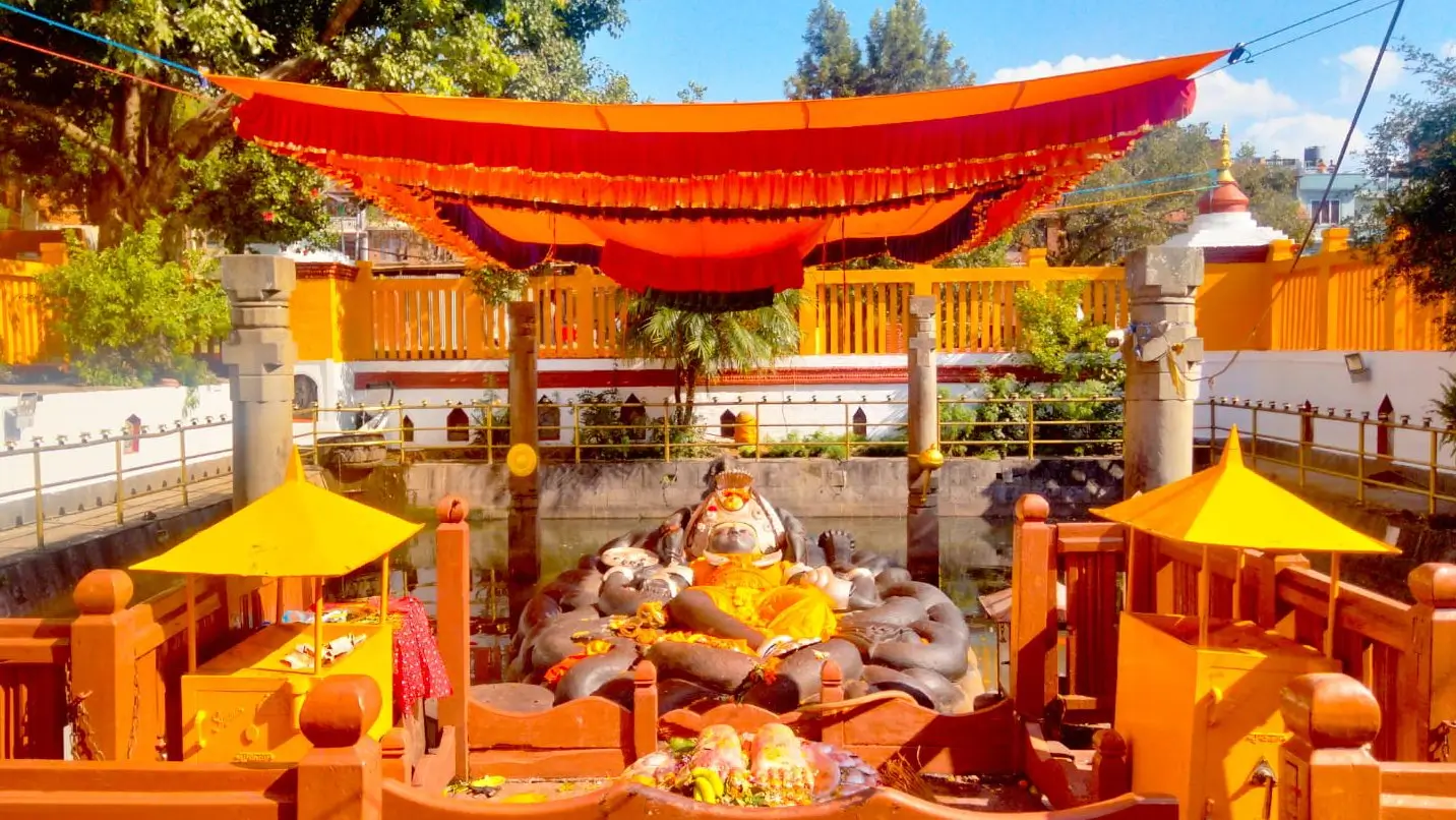 Sleeping Vishnu statue at Budhanilakantha Mandir – sacred Hindu temple in Kathmandu