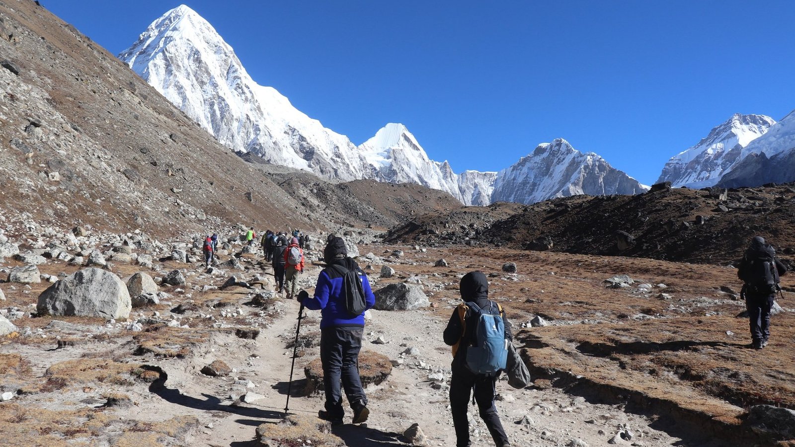 Trekkers walking along the rocky trail of the Khumbu Valley on the Everest Base Camp Trek, with snow-capped Himalayan peaks and clear blue skies in the background.