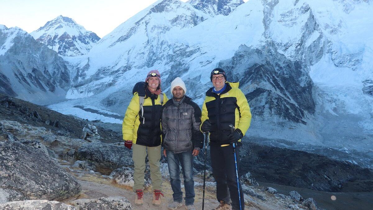 Everest Base Camp Trek – Trekkers hiking through the Himalayan trails with panoramic views of Mount Everest and surrounding peaks.