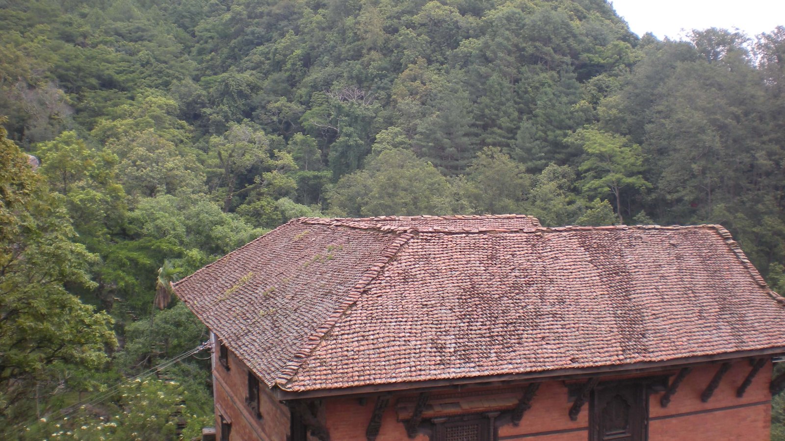 Traditional Newari-style brick house surrounded by lush green forest in Gorkha, Nepal