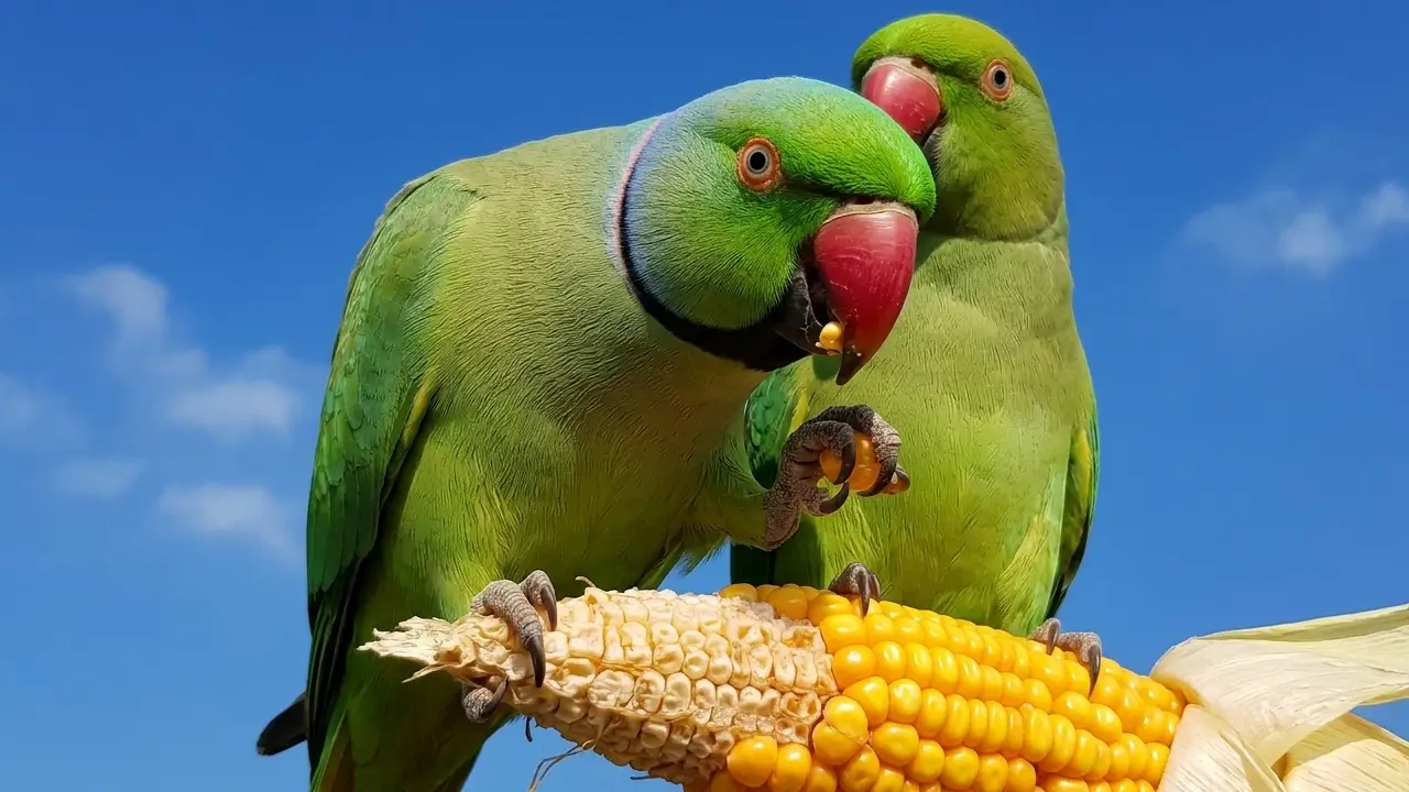 Green Indian Ringneck parakeets feeding on a corn cob in Chitwan farmland.