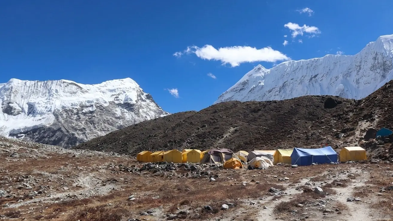 Island Peak Base Camp with stunning mountain backdrop