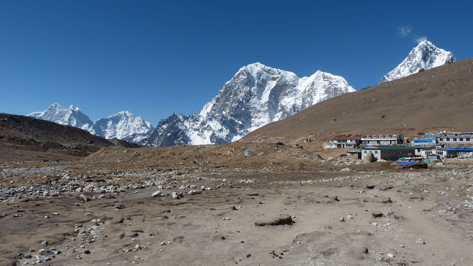 Scenic landscape on the Jiri to Everest Base Camp Trek surrounded by snow-capped peaks near Lobuche village.