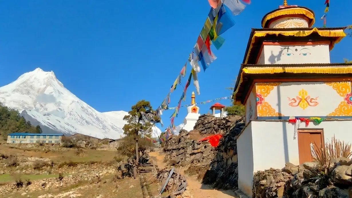 Mount Manaslu above Lho village on the Manaslu Circuit Trek