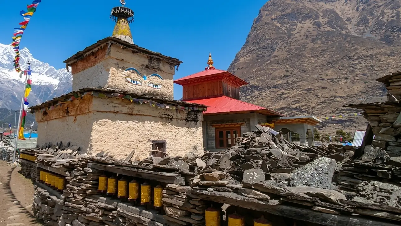 Samagaon village monastery with traditional architecture on the Manaslu Circuit Trek