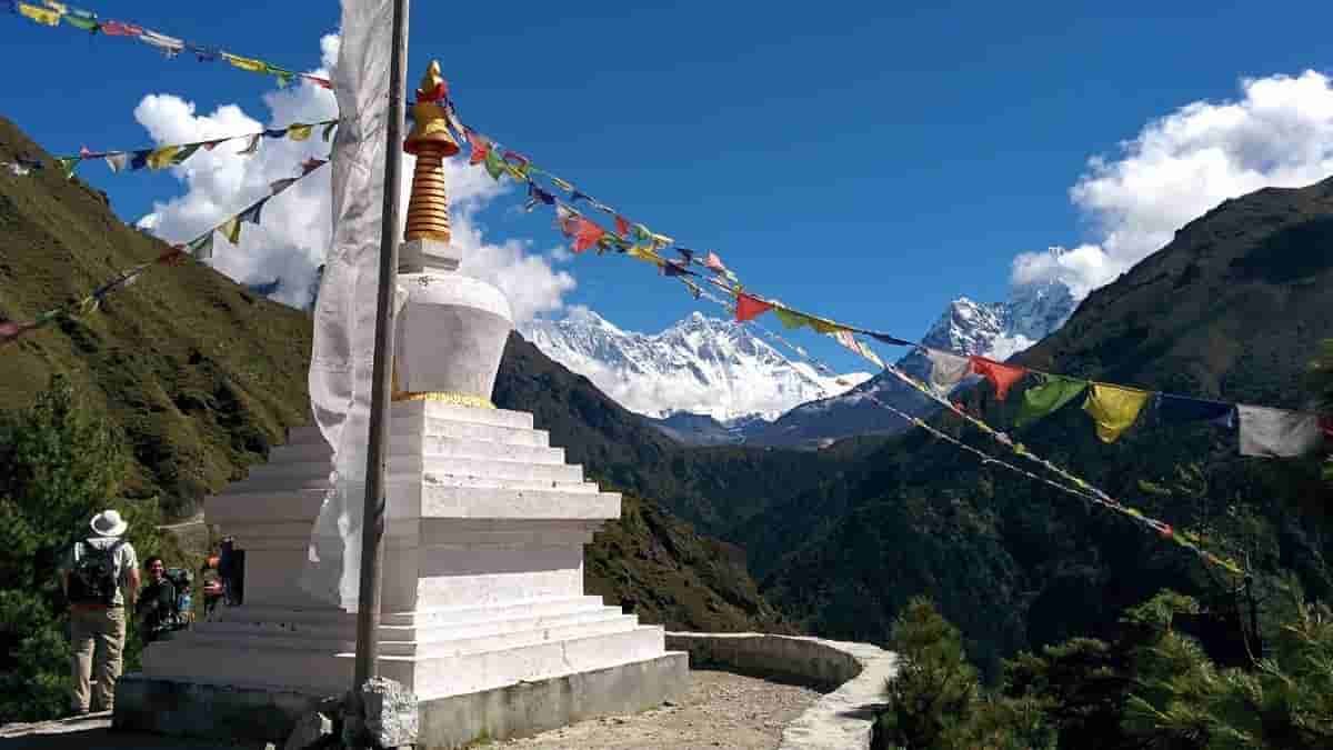 Snow-capped Himalaya and chorten en route to Tengboche
