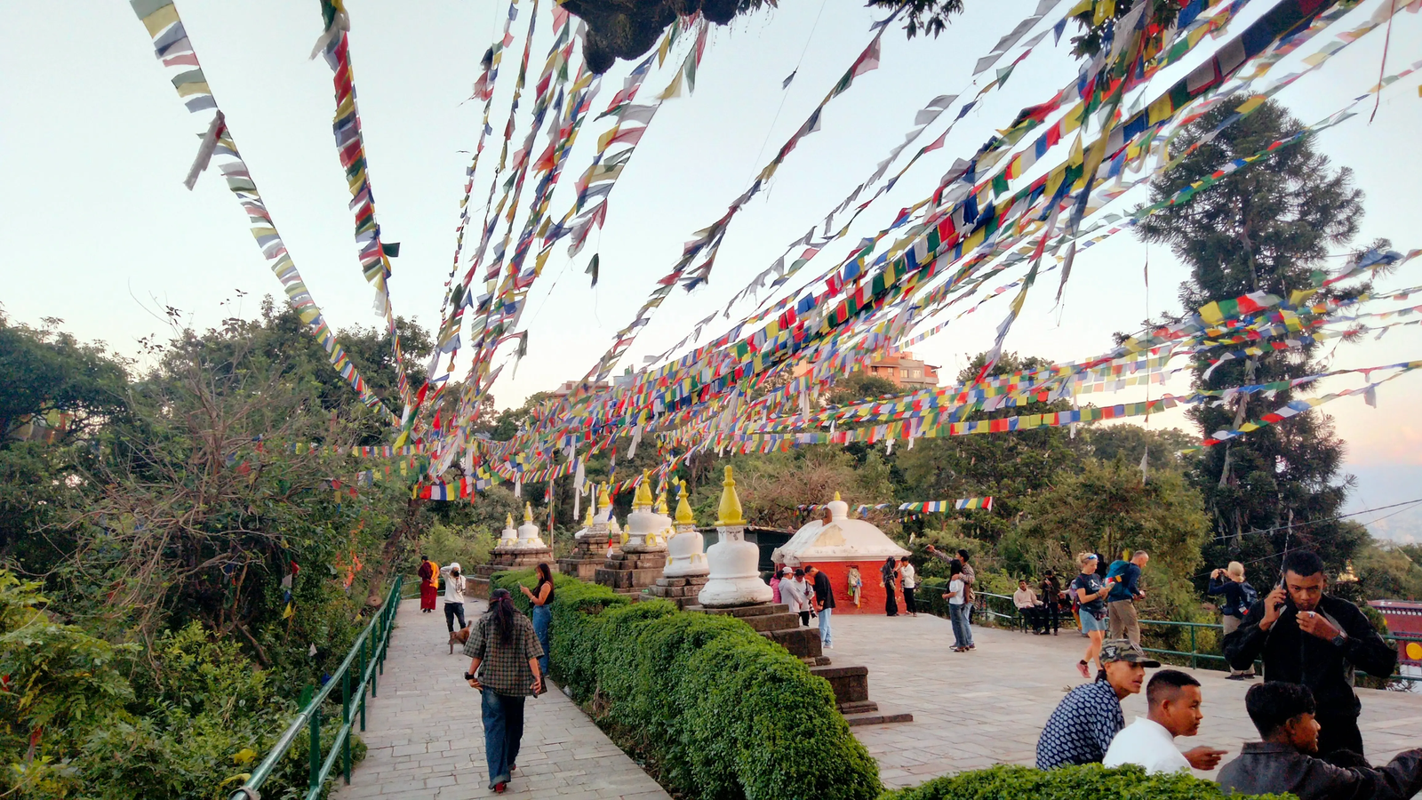 Swayambhunath Kathmandu prayer flags and city skyline
