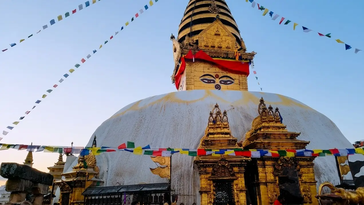 Swayambhunath close view of gilded harmika and spire details