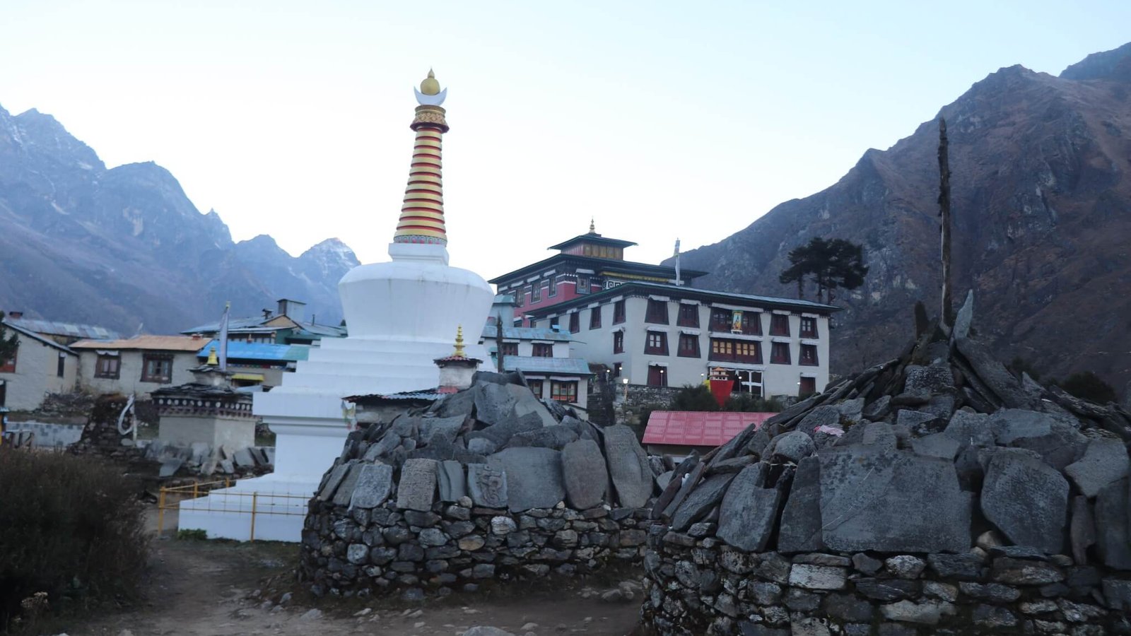 Tengboche Monastery standing peacefully against the backdrop of Mount Ama Dablam, a spiritual and scenic highlight on the Everest Base Camp trek in Nepal.