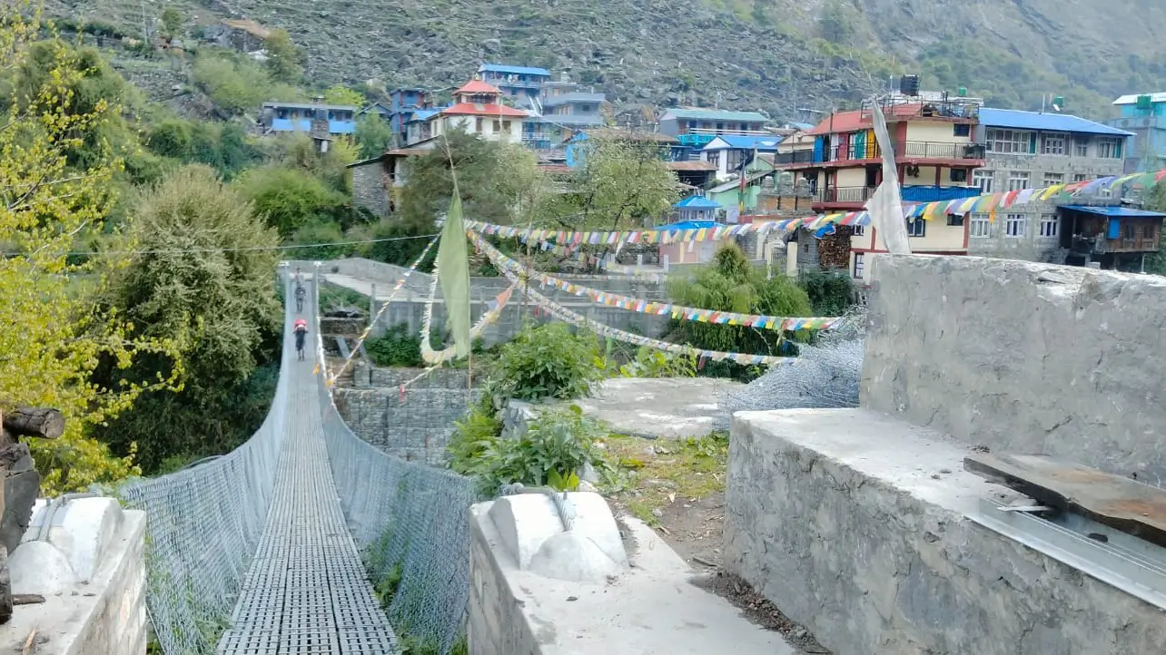 Tilche village, the ending point of the Manaslu Circuit Trek, where travelers take vehicles to Besisahar, a transport hub on the Nepal trekking route.