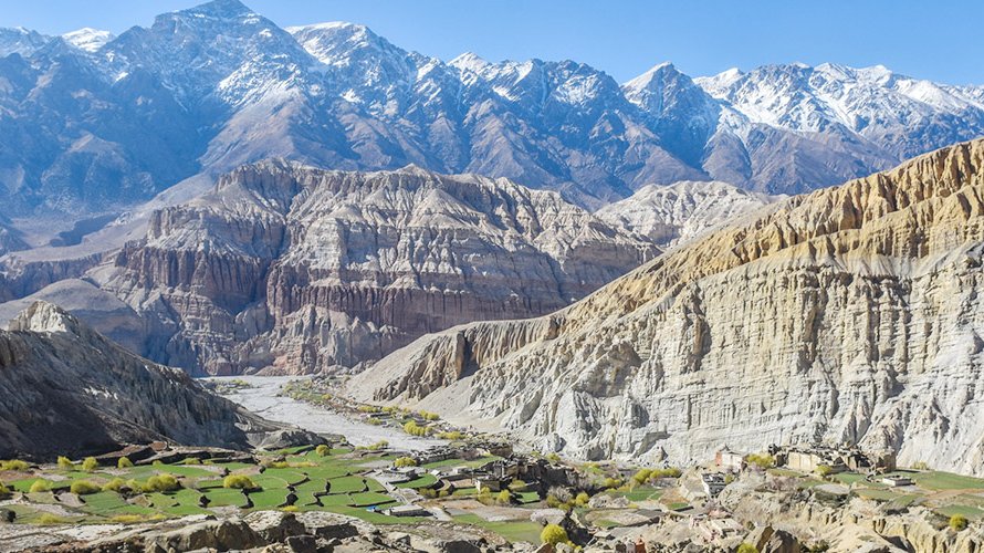 Trekkers exploring the remote and culturally rich Upper Mustang region of Nepal