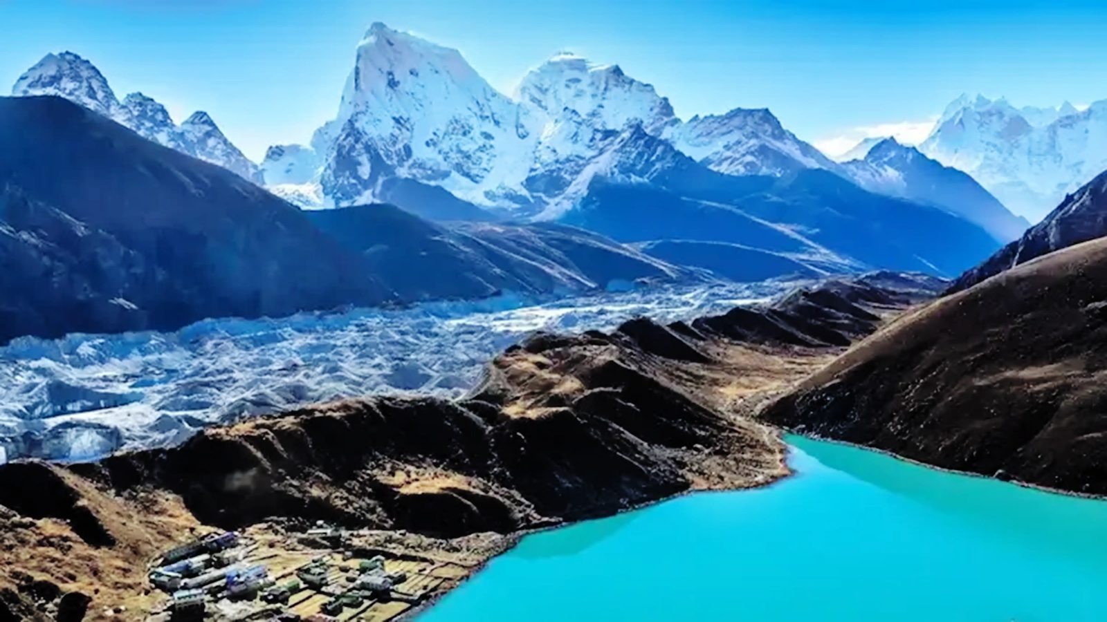 View of Gokyo Lake surrounded by snow-capped Himalayan peaks
