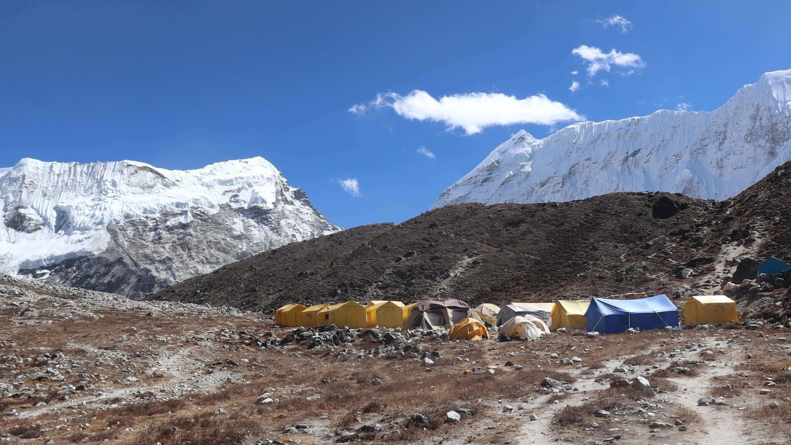 Tents set up at Island Peak Base Camp with stunning mountain backdrop